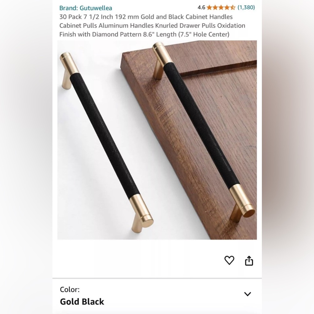 NWT 39 Pack 7 1/2 Inch 192 mm Gold and Black Cabinet Handles.  8.6" Length.